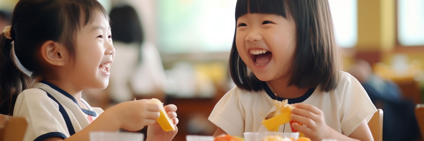 Two children laughing during lunch