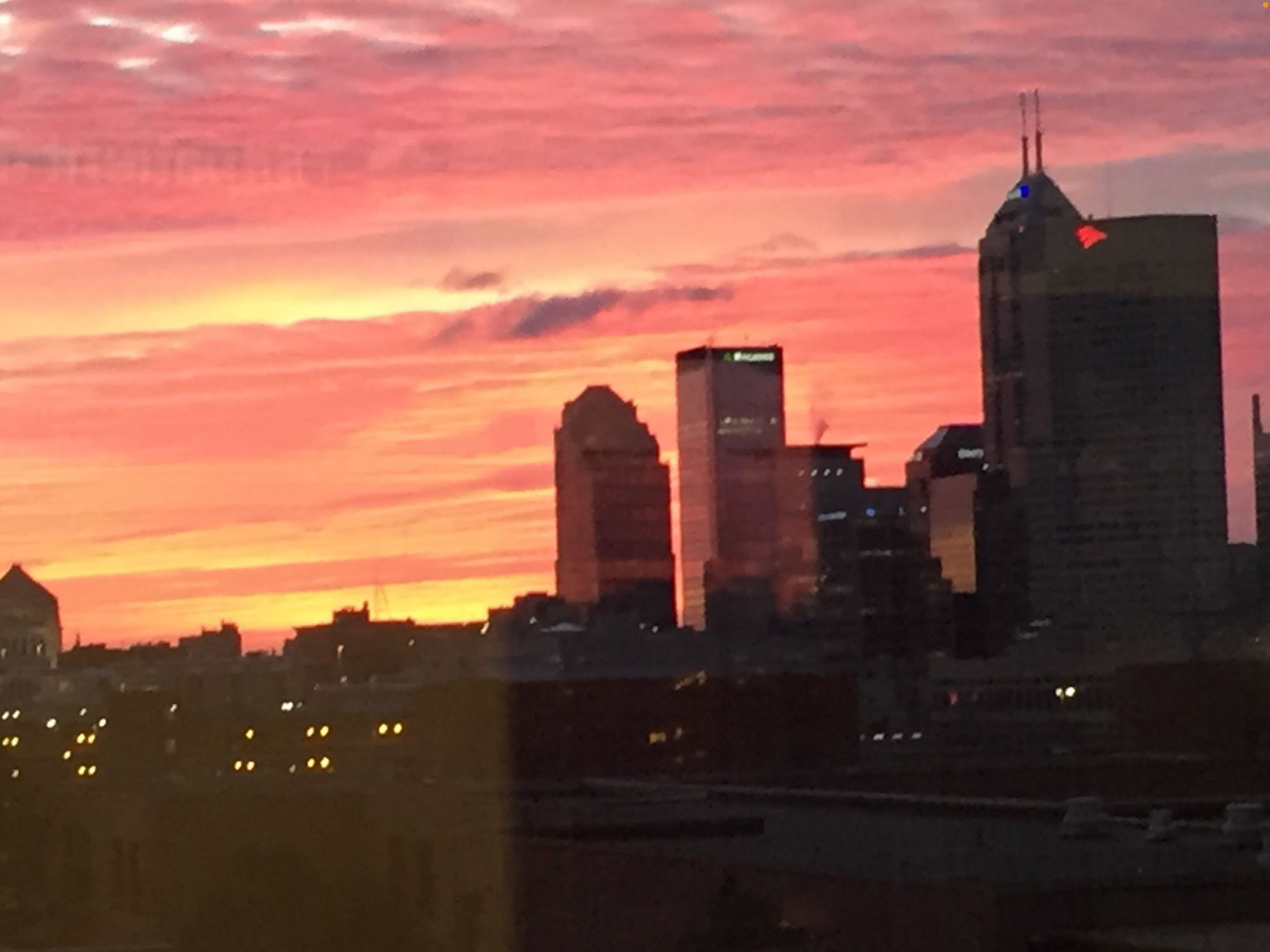 A picture of downtown Indianapolis at sunset.