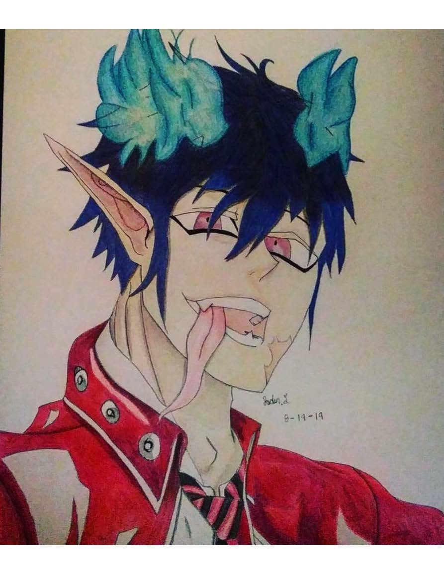 A colored drawing of a mashup of two different characters from two Japanese animated shows.